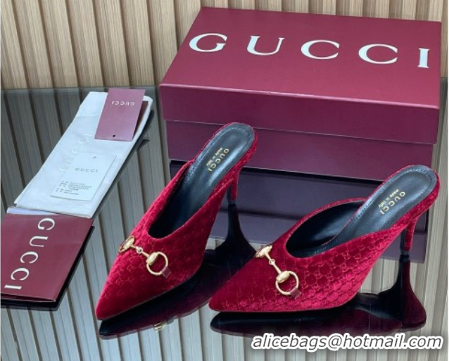 Pretty Style Gucci GG Velvet Heel Mules 8.5cm with Horsebit Red 835739