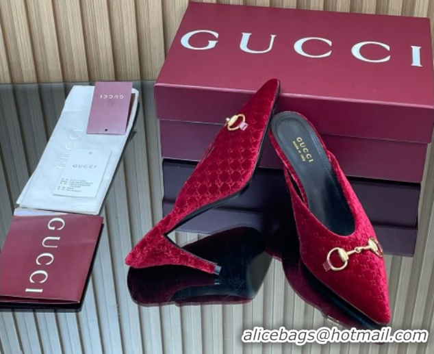 Pretty Style Gucci GG Velvet Heel Mules 8.5cm with Horsebit Red 835739