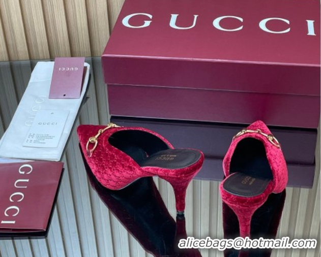 Pretty Style Gucci GG Velvet Heel Mules 8.5cm with Horsebit Red 835739