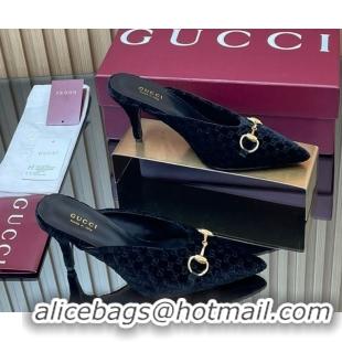 Top Design Gucci GG Velvet Heel Mules 8.5cm with Horsebit Black 835739