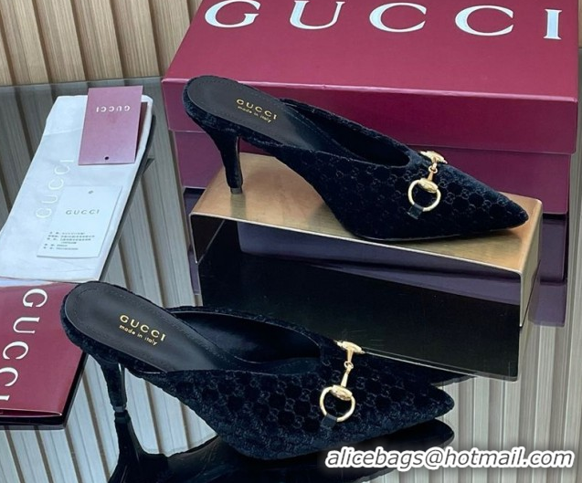 Top Design Gucci GG Velvet Heel Mules 8.5cm with Horsebit Black 835739