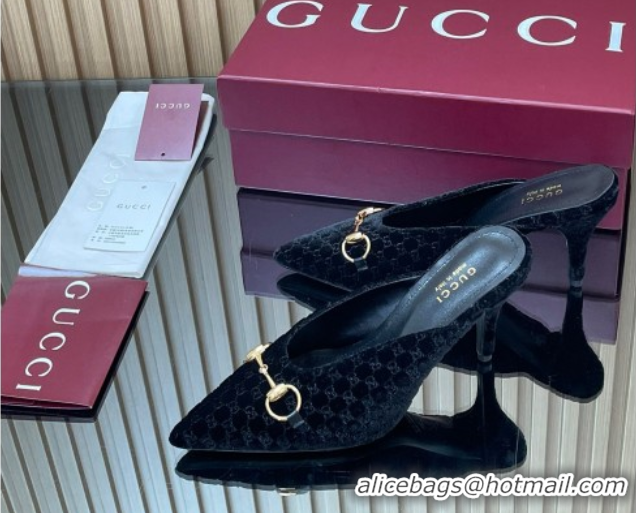 Top Design Gucci GG Velvet Heel Mules 8.5cm with Horsebit Black 835739