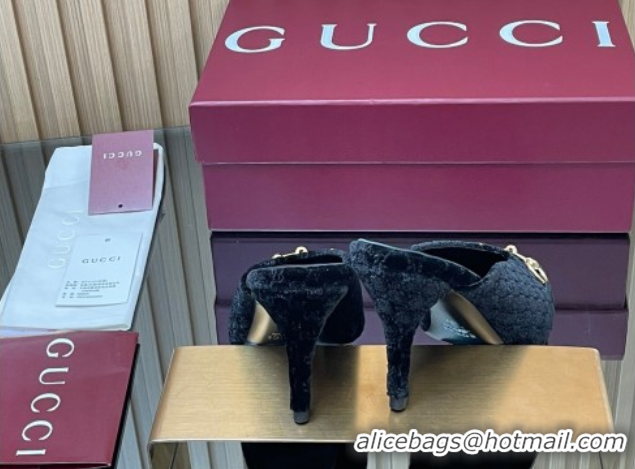 Top Design Gucci GG Velvet Heel Mules 8.5cm with Horsebit Black 835739
