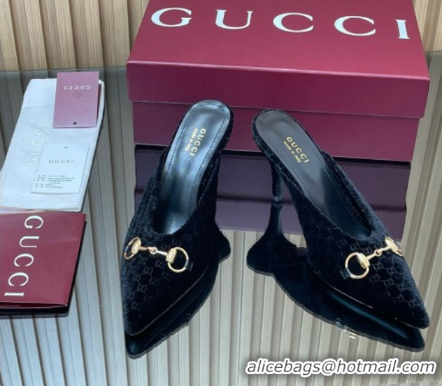 Top Design Gucci GG Velvet Heel Mules 8.5cm with Horsebit Black 835739