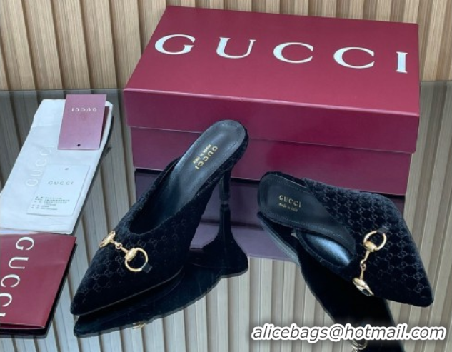 Top Design Gucci GG Velvet Heel Mules 8.5cm with Horsebit Black 835739