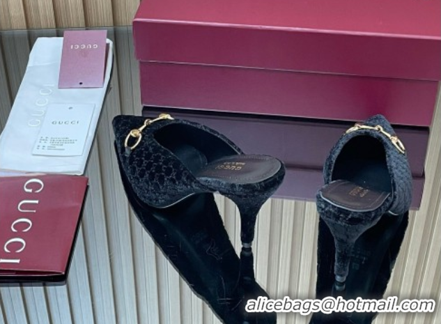 Top Design Gucci GG Velvet Heel Mules 8.5cm with Horsebit Black 835739