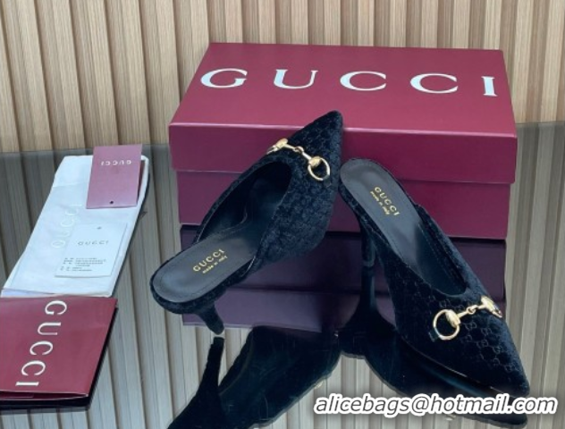 Top Design Gucci GG Velvet Heel Mules 8.5cm with Horsebit Black 835739