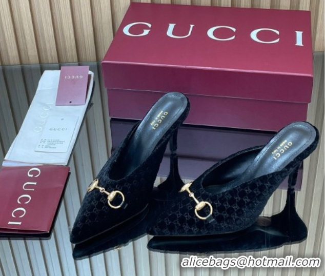 Top Design Gucci GG Velvet Heel Mules 8.5cm with Horsebit Black 835739