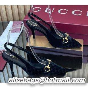 Top Grade Gucci GG Velvet Slingback Pumps 8.5cm with Horsebit Black 835978