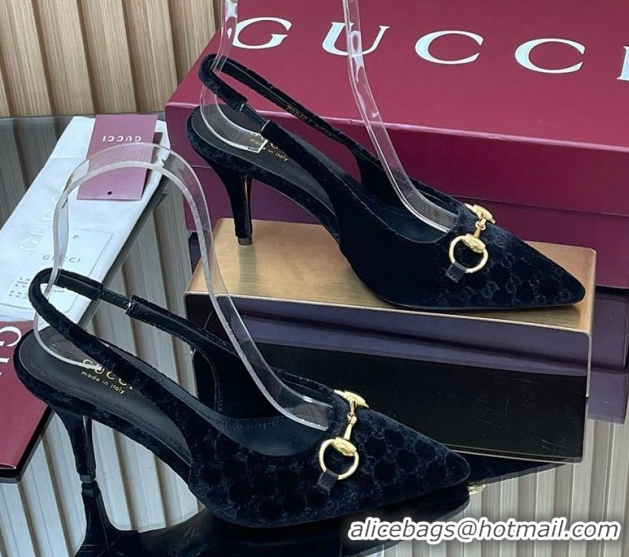 Top Grade Gucci GG Velvet Slingback Pumps 8.5cm with Horsebit Black 835978