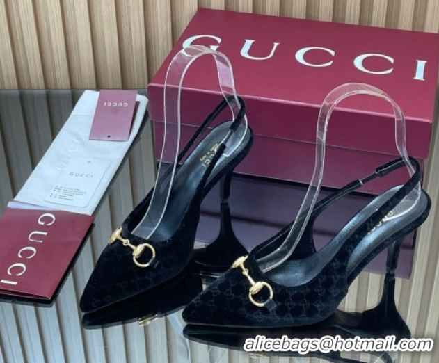 Top Grade Gucci GG Velvet Slingback Pumps 8.5cm with Horsebit Black 835978