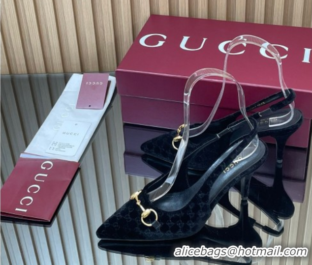 Top Grade Gucci GG Velvet Slingback Pumps 8.5cm with Horsebit Black 835978