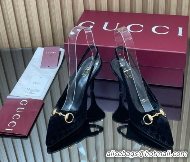 Top Grade Gucci GG Velvet Slingback Pumps 8.5cm with Horsebit Black 835978