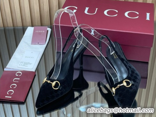 Top Grade Gucci GG Velvet Slingback Pumps 8.5cm with Horsebit Black 835978