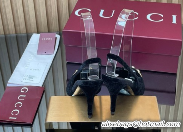 Top Grade Gucci GG Velvet Slingback Pumps 8.5cm with Horsebit Black 835978