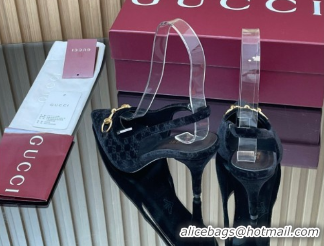 Top Grade Gucci GG Velvet Slingback Pumps 8.5cm with Horsebit Black 835978