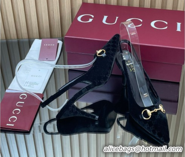 Top Grade Gucci GG Velvet Slingback Pumps 8.5cm with Horsebit Black 835978
