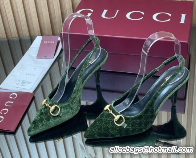 Durable Gucci GG Velvet Slingback Pumps 8.5cm with Horsebit Green 835978