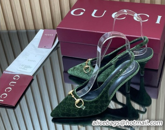 Durable Gucci GG Velvet Slingback Pumps 8.5cm with Horsebit Green 835978