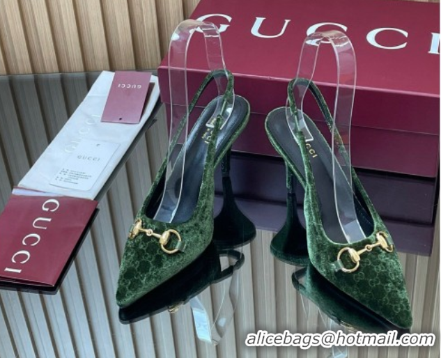 Durable Gucci GG Velvet Slingback Pumps 8.5cm with Horsebit Green 835978