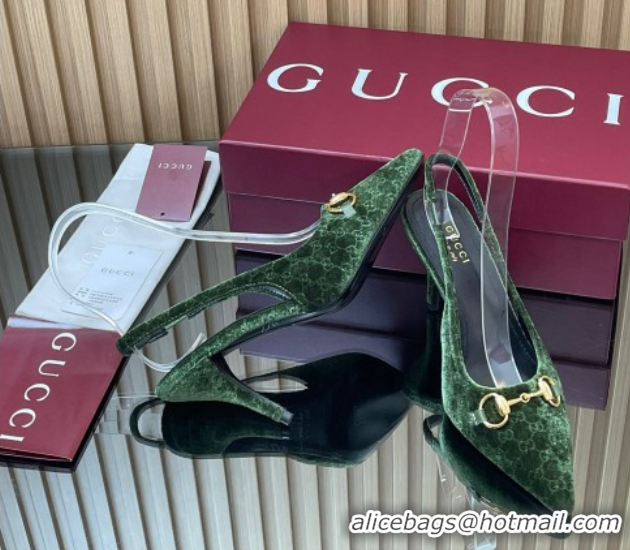 Durable Gucci GG Velvet Slingback Pumps 8.5cm with Horsebit Green 835978