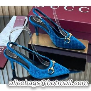 Low Cost Gucci GG Velvet Slingback Pumps 8.5cm with Horsebit Blue 835978