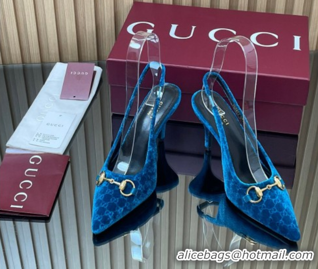 Low Cost Gucci GG Velvet Slingback Pumps 8.5cm with Horsebit Blue 835978