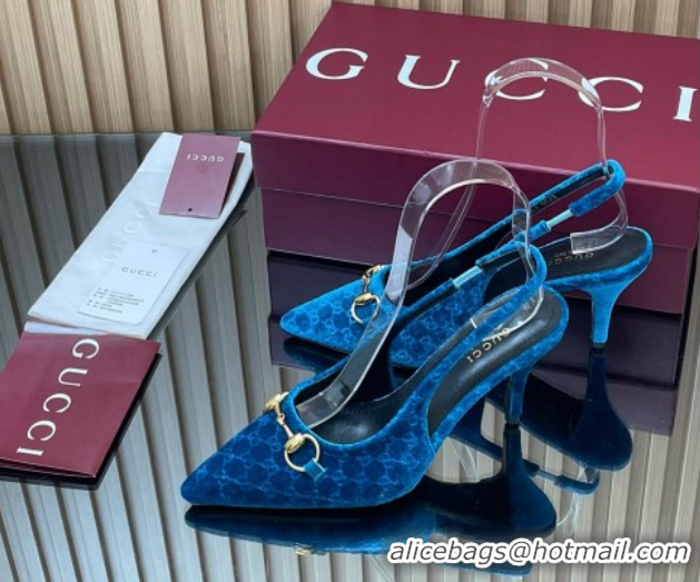 Low Cost Gucci GG Velvet Slingback Pumps 8.5cm with Horsebit Blue 835978