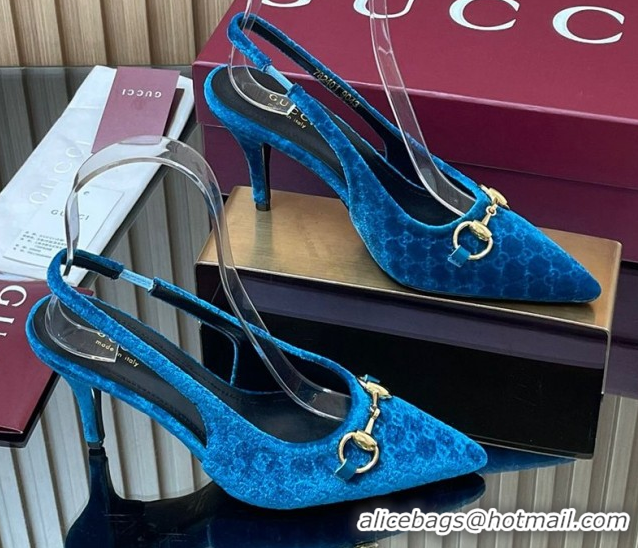 Low Cost Gucci GG Velvet Slingback Pumps 8.5cm with Horsebit Blue 835978