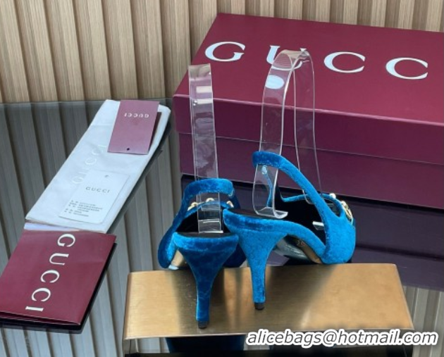 Low Cost Gucci GG Velvet Slingback Pumps 8.5cm with Horsebit Blue 835978
