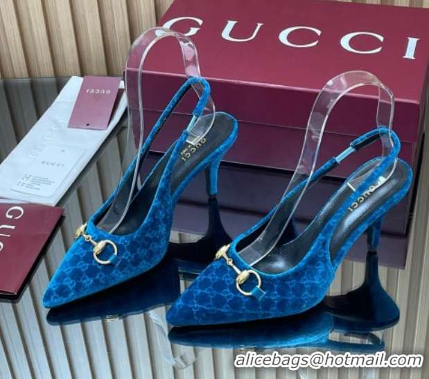 Low Cost Gucci GG Velvet Slingback Pumps 8.5cm with Horsebit Blue 835978