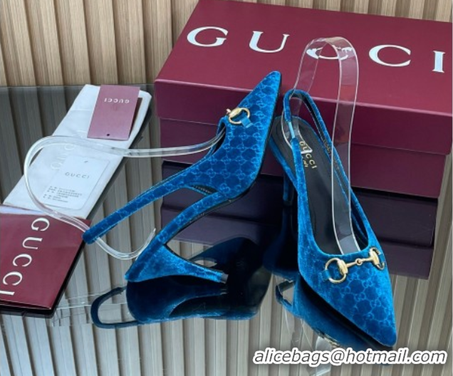 Low Cost Gucci GG Velvet Slingback Pumps 8.5cm with Horsebit Blue 835978
