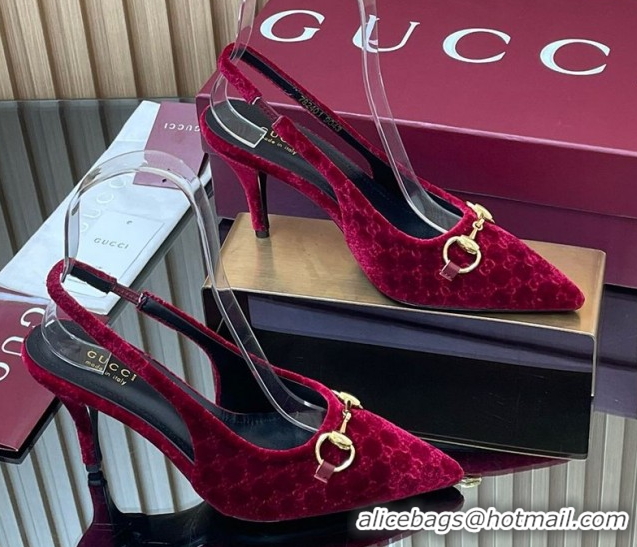 Purchase Gucci GG Velvet Slingback Pumps 8.5cm with Horsebit Red 835978