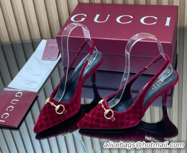 Purchase Gucci GG Velvet Slingback Pumps 8.5cm with Horsebit Red 835978