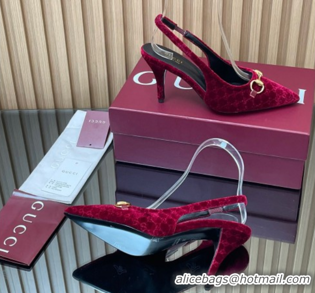 Purchase Gucci GG Velvet Slingback Pumps 8.5cm with Horsebit Red 835978