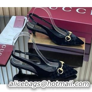 Grade Quality Gucci GG Velvet Slingback Pumps 4.5cm with Horsebit Black 835978