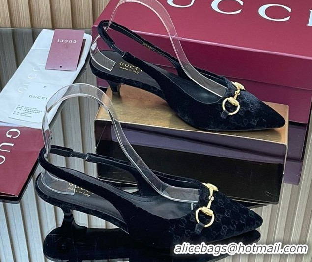 Grade Quality Gucci GG Velvet Slingback Pumps 4.5cm with Horsebit Black 835978
