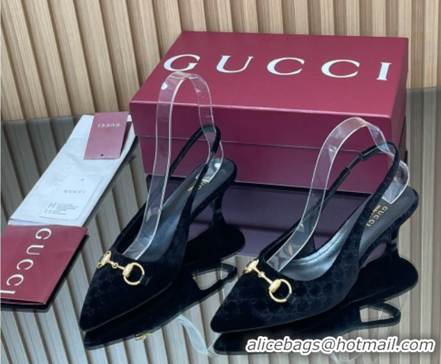 Grade Quality Gucci GG Velvet Slingback Pumps 4.5cm with Horsebit Black 835978