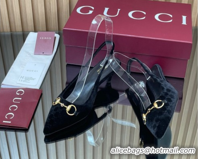 Grade Quality Gucci GG Velvet Slingback Pumps 4.5cm with Horsebit Black 835978