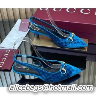 Popular Style Gucci GG Velvet Slingback Pumps 4.5cm with Horsebit Blue 835978