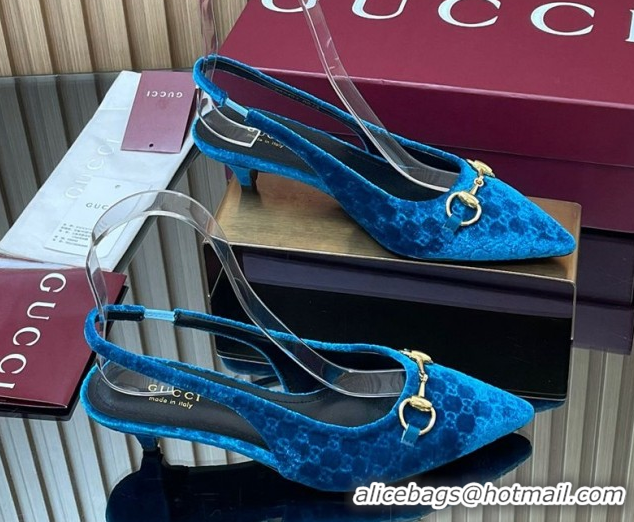 Popular Style Gucci GG Velvet Slingback Pumps 4.5cm with Horsebit Blue 835978