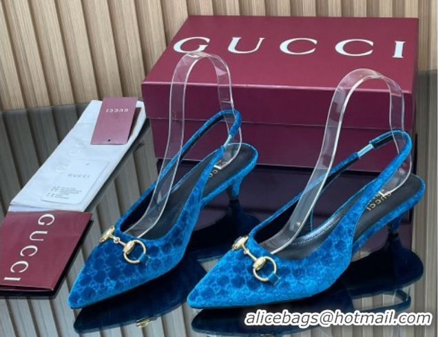 Popular Style Gucci GG Velvet Slingback Pumps 4.5cm with Horsebit Blue 835978