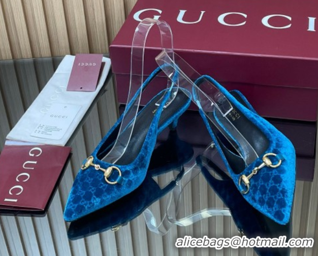 Popular Style Gucci GG Velvet Slingback Pumps 4.5cm with Horsebit Blue 835978