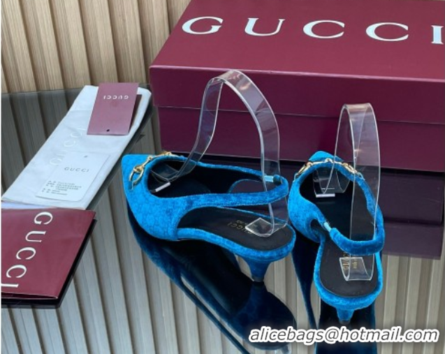 Popular Style Gucci GG Velvet Slingback Pumps 4.5cm with Horsebit Blue 835978