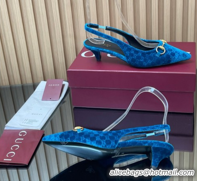 Popular Style Gucci GG Velvet Slingback Pumps 4.5cm with Horsebit Blue 835978