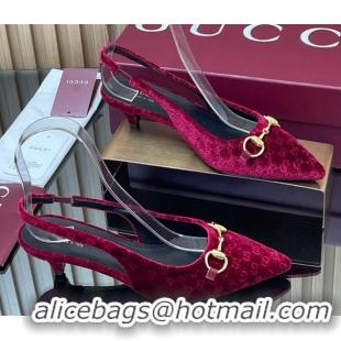Top Design Gucci GG Velvet Slingback Pumps 4.5cm with Horsebit Red 835978