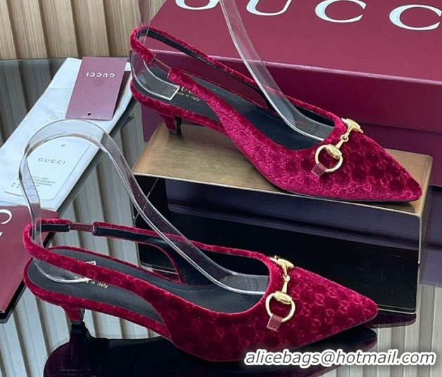 Top Design Gucci GG Velvet Slingback Pumps 4.5cm with Horsebit Red 835978
