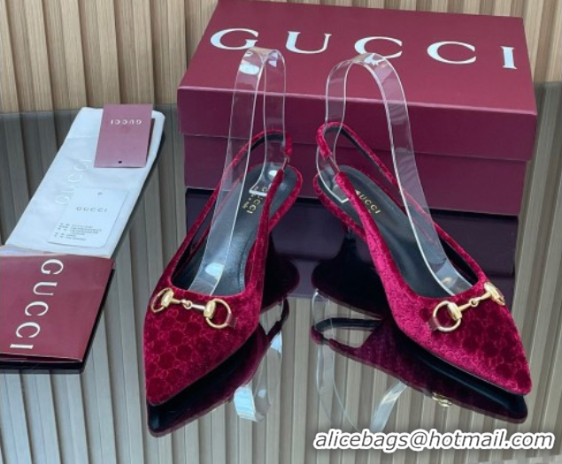 Top Design Gucci GG Velvet Slingback Pumps 4.5cm with Horsebit Red 835978