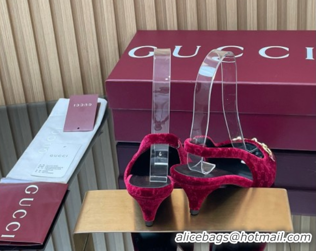 Top Design Gucci GG Velvet Slingback Pumps 4.5cm with Horsebit Red 835978