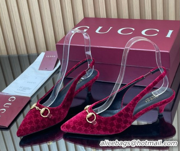 Top Design Gucci GG Velvet Slingback Pumps 4.5cm with Horsebit Red 835978